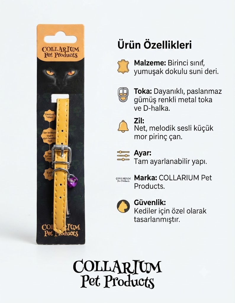 Collarium Pet  Yumuşak Dokulu Ayarlanabilir Çanlı Kedi Boyun Tasması (Sarı)